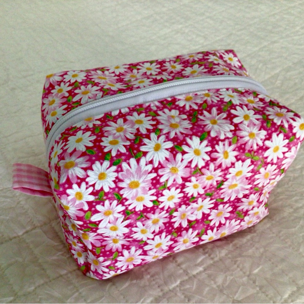 Floral Pink Cosmetic Bag-Box style Make up bag-Handmade Essentials bag